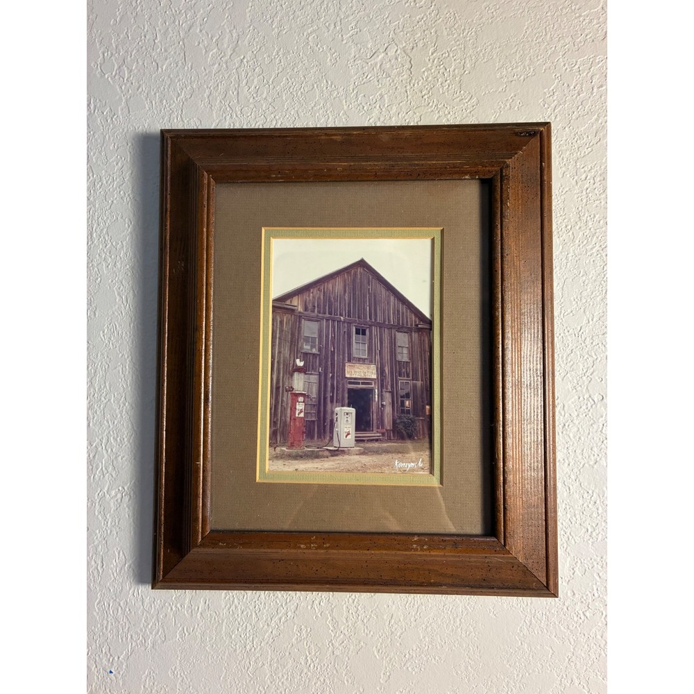 Vintage Korczynski Signed Texas Gas Station Framed Photo Rustic Americana 13x11